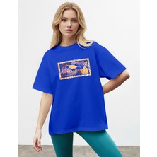 Caddekombin Kadın Leopar Palmiye Baskılı Bisiklet Yaka Saks Mavi T-Shirt