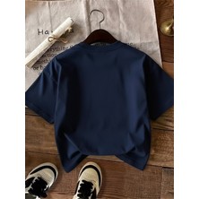 Caddekombin Kadın Leopar Desen Baskılı Bisiklet Yaka Lacivert T-Shirt