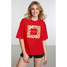 Caddekombin Kadın Gold Baskılı Sunshine Yazılı Kırmızı T-Shirt
