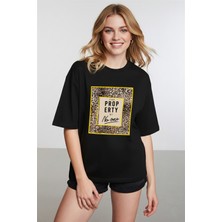 Caddekombin Kadın Leopar Desen Baskılı Bisiklet Yaka Siyah T-Shirt