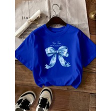 Caddekombin Kadın Büyük Mavi Kurdele Detaylı Saks Mavi T-Shirt