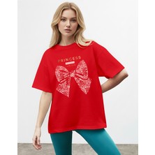 Caddekombin Kadın Gold Yazılı Prenses Fiyonk Baskılı Kırmızı T-Shirt