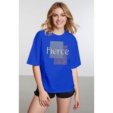 Caddekombin Kadın Fierce Grafik Baskılı Basic Saks Mavi T-Shirt