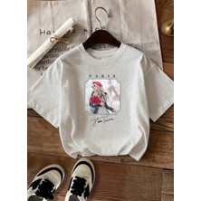 Caddekombin Kadın Romantik Paris Esintili Şık Tasarım Gri T-Shirt