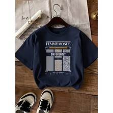 Caddekombin Kadın Femme Baskılı Bisiklet Yaka Lacivert T-Shirt