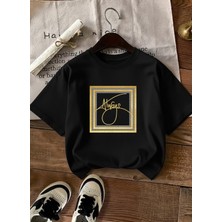 Caddekombin Kadın Always Slogan Gold Çerçeveli Siyah T-Shirt