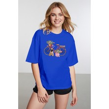 Caddekombin Kadın Pug Grafik Baskılı Yuvarlak Yaka Saks Mavi T-Shirt