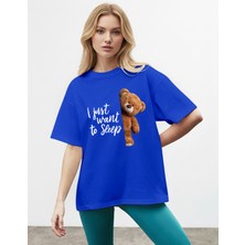 Caddekombin Kadın Just Want Baskılı Bisiklet Yaka Saks Mavi T-Shirt