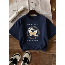 Caddekombin Kadın Gold Işıltılı Kelebek Baskılı Lacivert T-Shirt