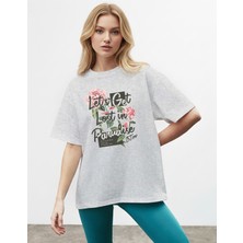 Caddekombin Kadın Pembe Gül Baskılı Bisiklet Yaka Gri T-Shirt