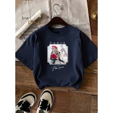 Caddekombin Kadın Romantik Paris Esintili Şık Tasarım Lacivert T-Shirt