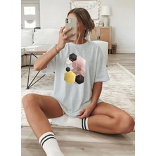 Caddekombin Kadın Modern Bal Peteği Desenli Gri T-Shirt