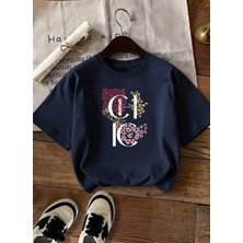 Caddekombin Kadın Şık Tasarım Chıc Yazılı Bisiklet Yaka Lacivert T-Shirt