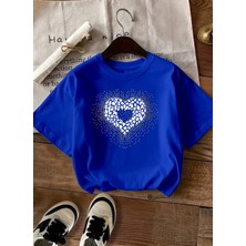 Caddekombin Kadın Modern Leopar Kalp Tasarımlı Saks Mavi T-Shirt