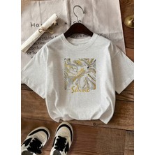 Caddekombin Kadın Soyut Mermer Desenli Grafik Baskılı Gri T-Shirt