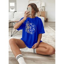 Caddekombin Kadın Gold Taneli Grafik Baskılı Bisiklet Yaka Saks Mavit-Shirt