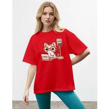 Caddekombin Kadın Kedi Baskılı Bisiklet Yaka Kırmızı T-Shirt
