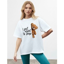 Caddekombin Kadın Just Want Baskılı Bisiklet Yaka Beyaz T-Shirt