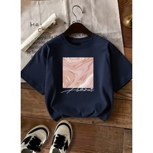 Caddekombin Kadın Rose Gold Işıltılı Grafik Baskılı Lacivert T-Shirt