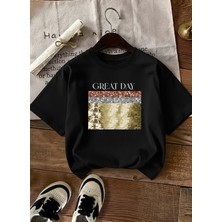 Caddekombin Kadın Gold Payet Işlemeli Bisiklet Yaka Siyah T-Shirt