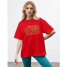 Caddekombin Kadın Sim Görünümlü  Baskılı Bisiklet Yaka Kırmızı T-Shirt