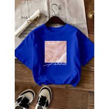 Caddekombin Kadın Rose Gold Işıltılı Grafik Baskılı Saks Mavi T-Shirt