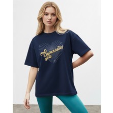 Caddekombin Kadın Işıltılı Yıldız Noktalı  Detaylı Bisiklet Yaka Lacivert T-Shirt