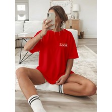 Caddekombin Kadın Look Yazı Baskılı Bisiklet Yaka Kırmızı T-Shirt