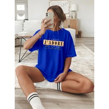 Caddekombin Kadın Leopar Detaylı J'adore Yazılı Saks Mavi T-Shirt
