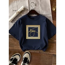 Caddekombin Kadın Always Slogan Gold Çerçeveli Lacivert T-Shirt