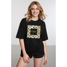 Caddekombin Kadın Gold Baskılı Sunshine Yazılı Siyah T-Shirt