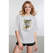 Caddekombin Kadın Gold Leopar Illüstrasyonlu Gri T-Shirt