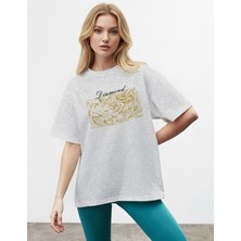 Caddekombin Kadın Sim Görünümlü  Baskılı Bisiklet Yaka Gri T-Shirt