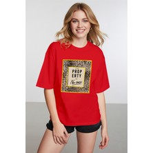 Caddekombin Kadın Leopar Desen Baskılı Bisiklet Yaka Kırmızı T-Shirt