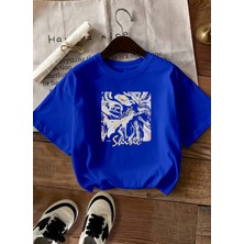 Caddekombin Kadın Soyut Mermer Desenli Grafik Baskılı Saks Mavi T-Shirt