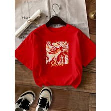 Caddekombin Kadın Soyut Mermer Desenli Grafik Baskılı Kırmızı T-Shirt