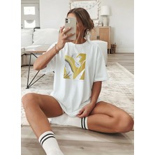 Caddekombin Kadın Karahindiba ve Yaprak Baskılı Bisiklet Yaka Beyaz T-Shirt