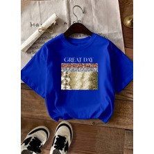 Caddekombin Kadın Gold Payet Işlemeli Bisiklet Yaka Saks Mavi T-Shirt
