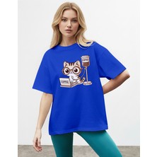 Caddekombin Kadın Kedi Baskılı Bisiklet Yaka Saks Mavi T-Shirt