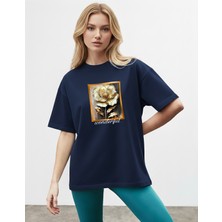 Caddekombin Kadın Golt Detaylı Gül Grafik Bisiklet Yaka Lacivert T-Shirt
