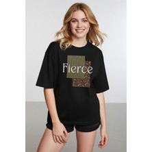 Caddekombin Kadın Fierce Grafik Baskılı Basic Siyah T-Shirt