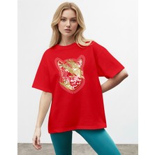 Caddekombin Kadın Leopar Noktalı Grafik Baskılı Basic Kırmızı T-Shirt