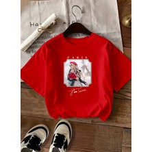 Caddekombin Kadın Romantik Paris Esintili Şık Tasarım Kırmızı T-Shirt
