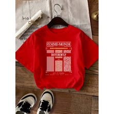 Caddekombin Kadın Femme Baskılı Bisiklet Yaka Kırmızı T-Shirt