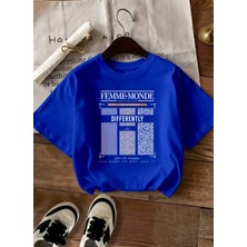 Caddekombin Kadın Femme Baskılı Bisiklet Yaka Saks Mavi T-Shirt