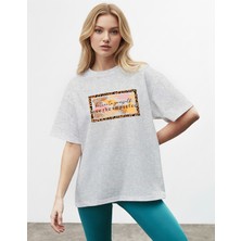 Caddekombin Kadın Leopar Palmiye Baskılı Bisiklet Yaka Gri T-Shirt