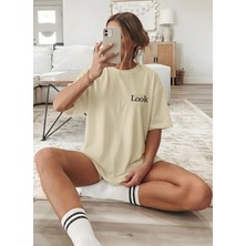 Caddekombin Kadın Look Yazı Baskılı Bisiklet Yaka Bej T-Shirt