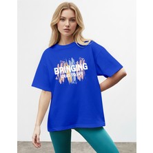 Caddekombin Kadın Modern Sanat Baskılı Bisiklet Yaka Saks Mavi T-Shirt