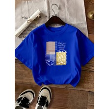 Caddekombin Kadın Love Wilt Baskılı Yazılı Basic Saks Mavi T-Shirt