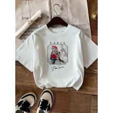 Caddekombin Kadın Romantik Paris Esintili Şık Tasarım Beyaz T-Shirt